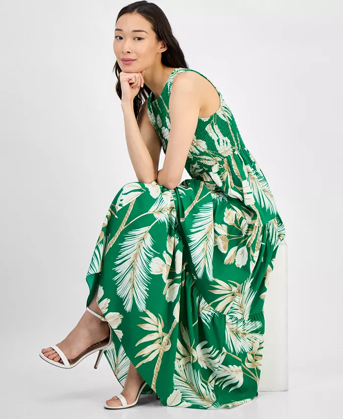 Alfani Anne Klein Women's Printed Smocked-Bodice Tiered Dress Women's Fashion Shoes & Accessories