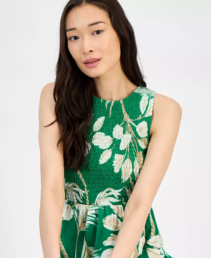 Alfani Anne Klein Women's Printed Smocked-Bodice Tiered Dress Women's Fashion Shoes & Accessories