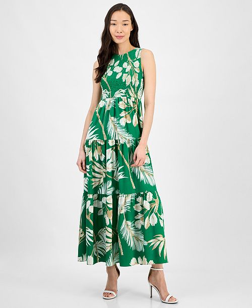 alfani Anne Klein Women's Printed Smocked-Bodice Tiered Dress Women's Fashion Shoes & Accessories