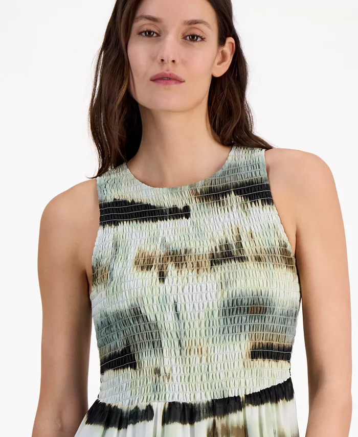 Alfani Anne Klein Women's Printed Smocked-Bodice Tiered Maxi Dress Women's Fashion Shoes & Accessories