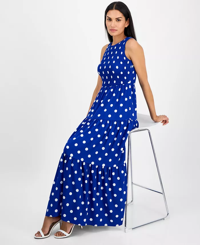 Alfani Anne Klein Women's Printed Smocked Tiered Maxi Dress Women's Fashion Shoes & Accessories