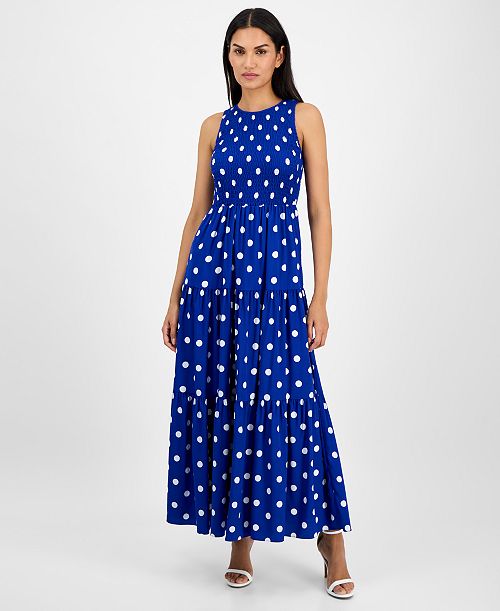 alfani Anne Klein Women's Printed Smocked Tiered Maxi Dress Women's Fashion Shoes & Accessories