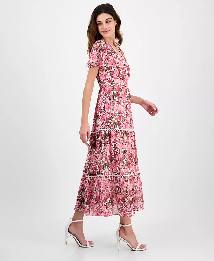 Alfani Anne Klein Women's Printed Surplice-Neck Flutter-Sleeve Dress Women's Fashion Shoes & Accessories