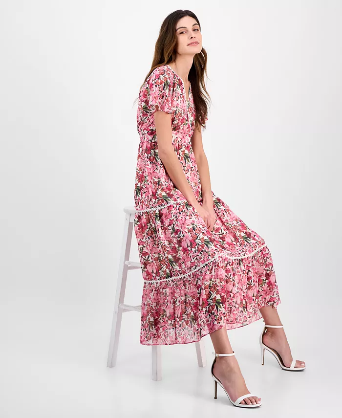 Alfani Anne Klein Women's Printed Surplice-Neck Flutter-Sleeve Dress Women's Fashion Shoes & Accessories