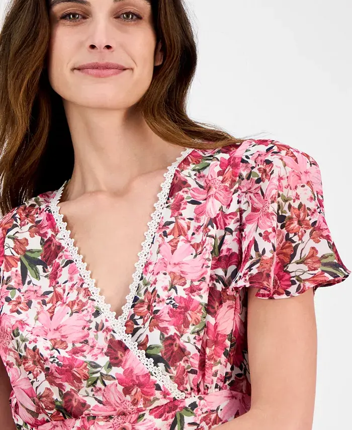 Alfani Anne Klein Women's Printed Surplice-Neck Flutter-Sleeve Dress Women's Fashion Shoes & Accessories
