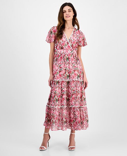 alfani Anne Klein Women's Printed Surplice-Neck Flutter-Sleeve Dress Women's Fashion Shoes & Accessories