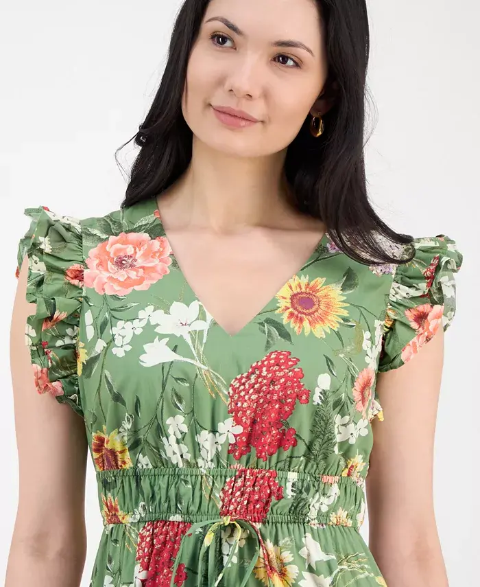 Alfani Anne Klein Women's Printed V-Neck Drawstring Maxi Dress Women's Fashion Shoes & Accessories