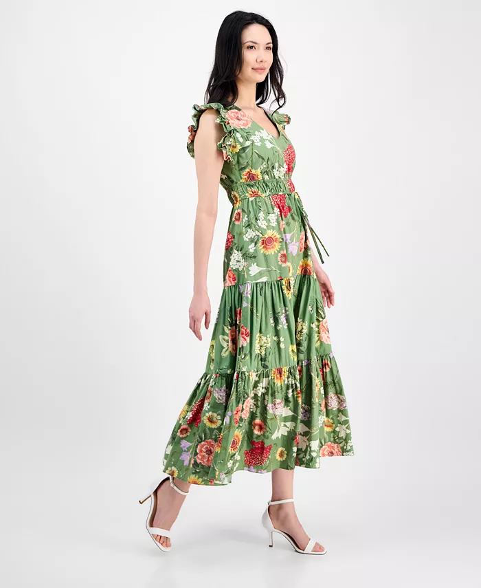 Alfani Anne Klein Women's Printed V-Neck Drawstring Maxi Dress Women's Fashion Shoes & Accessories