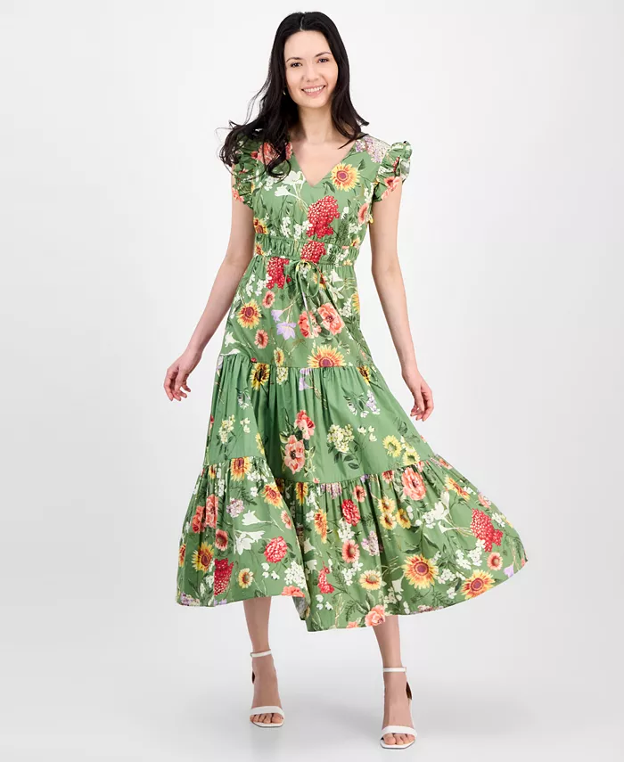 Alfani Anne Klein Women's Printed V-Neck Drawstring Maxi Dress Women's Fashion Shoes & Accessories