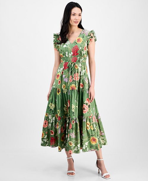 alfani Anne Klein Women's Printed V-Neck Drawstring Maxi Dress Women's Fashion Shoes & Accessories