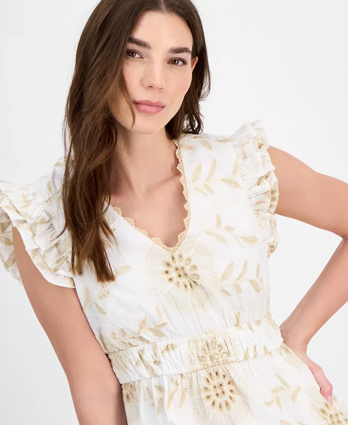 Alfani Anne Klein Women's Ruffled Embroidered V-Neck Dress Women's Fashion Shoes & Accessories