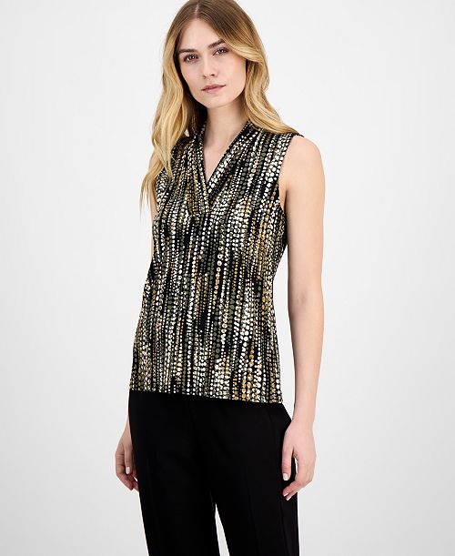 alfani Anne Klein Women's Sleeveless Pleated V-Neck Shell Top Women's Fashion Shoes & Accessories