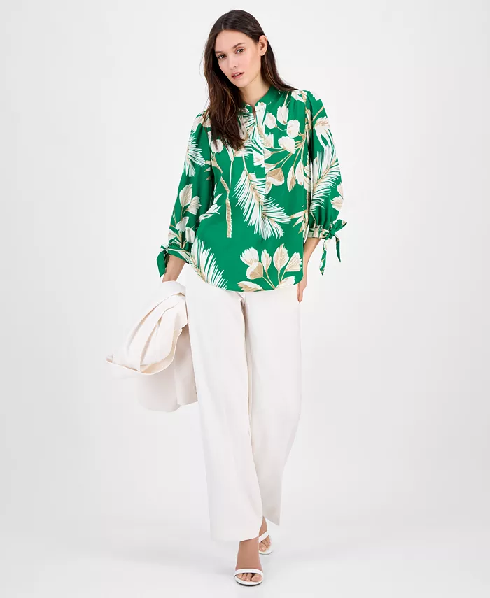 Alfani Anne Klein Women's Split-Neck Tie-Cuff Blouse Women's Fashion Shoes & Accessories