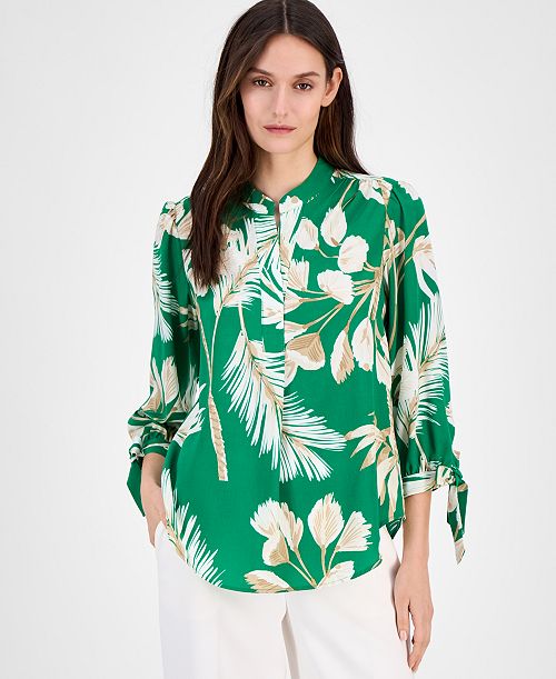 alfani Anne Klein Women's Split-Neck Tie-Cuff Blouse Women's Fashion Shoes & Accessories