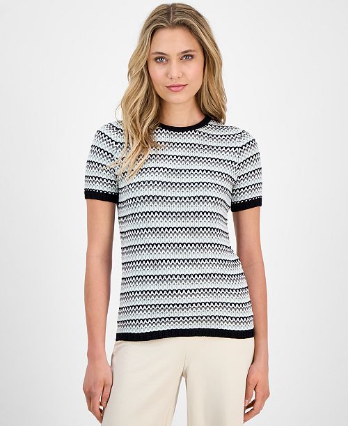 alfani Anne Klein Women's Stripe Stitch Crewneck Top Women's Fashion Shoes & Accessories