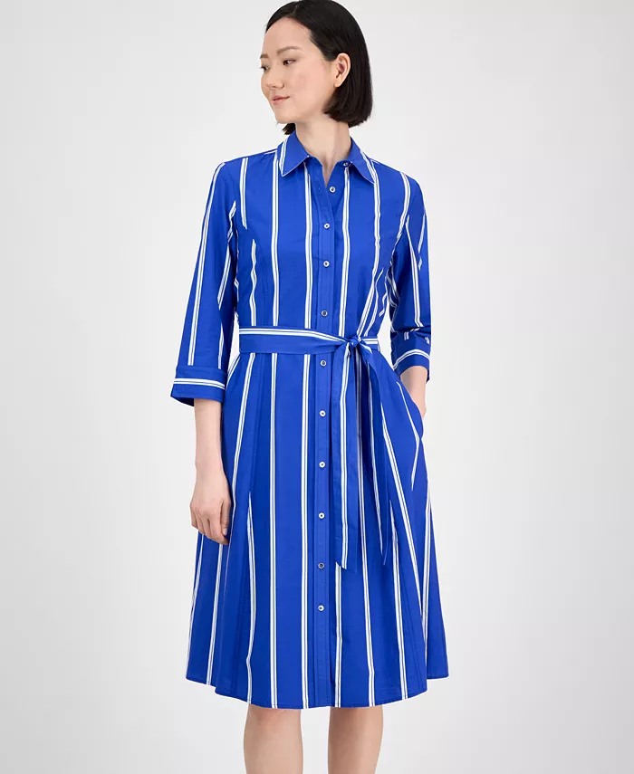 Alfani Anne Klein Women's Striped 3/4-Sleeve Midi Shirtdress Women's Fashion Shoes & Accessories