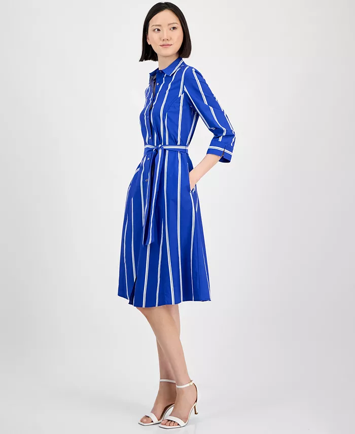 Alfani Anne Klein Women's Striped 3/4-Sleeve Midi Shirtdress Women's Fashion Shoes & Accessories