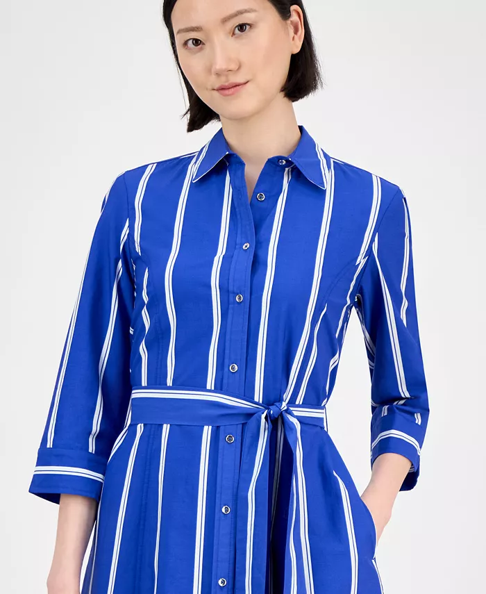 Alfani Anne Klein Women's Striped 3/4-Sleeve Midi Shirtdress Women's Fashion Shoes & Accessories