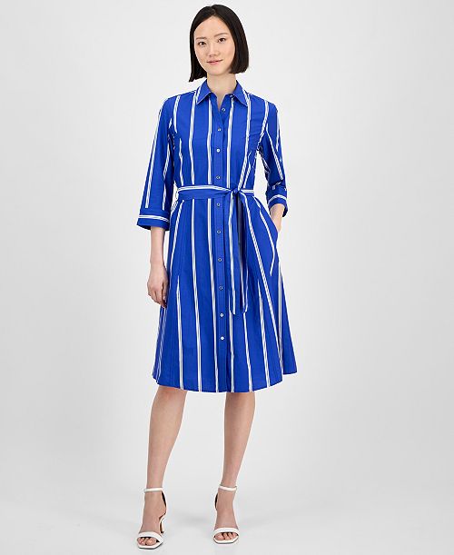 alfani Anne Klein Women's Striped 3/4-Sleeve Midi Shirtdress Women's Fashion Shoes & Accessories
