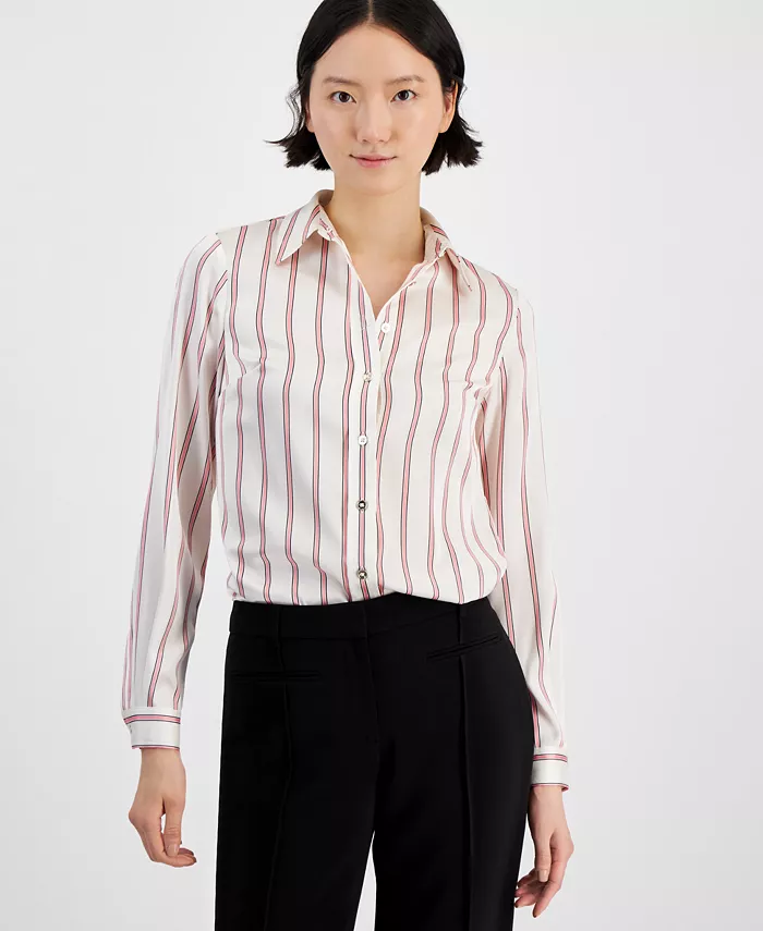 Alfani Anne Klein Women's Striped Collared Button-Front Shirt Women's Fashion Shoes & Accessories