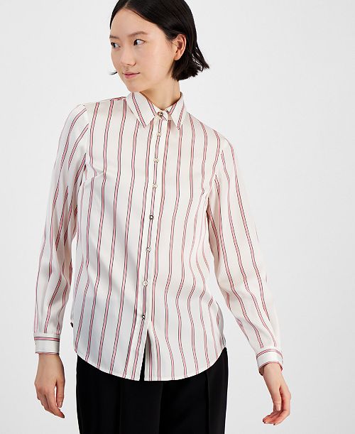 alfani Anne Klein Women's Striped Collared Button-Front Shirt Women's Fashion Shoes & Accessories