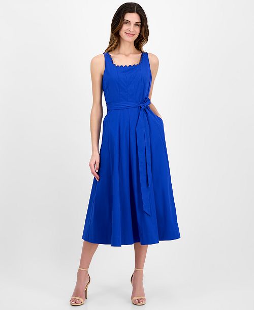alfani Anne Klein Women's Tie-Waist Seamed Fit & Flare Midi Dress Women's Fashion Shoes & Accessories
