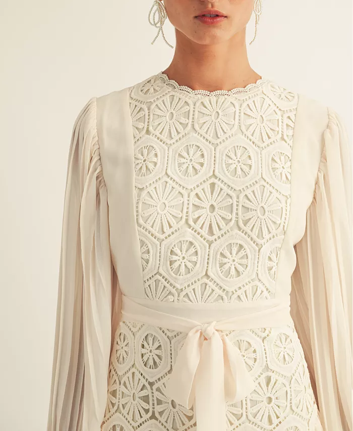 Alfani AROSE STUDIO INC Women's Jules Lace-Trim Blouson-Sleeve A-Line Dress Women's Fashion Shoes & Accessories