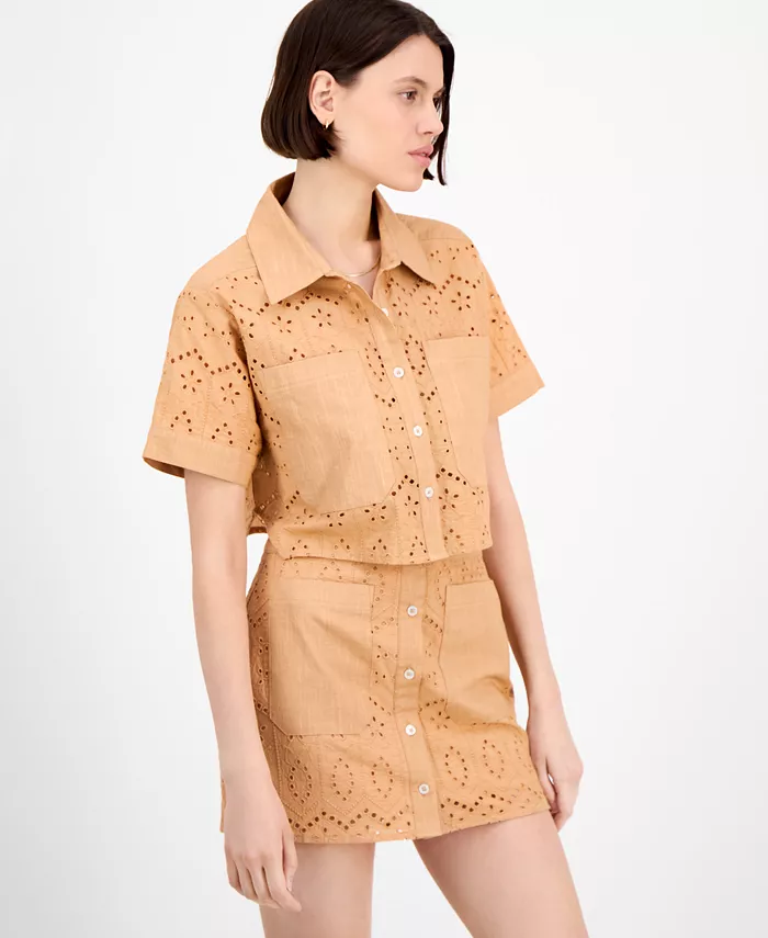 Alfani Avec Les Filles Women's Boxy Eyelet Shirt & Eyelet Midi Skirt Women's Fashion Shoes & Accessories