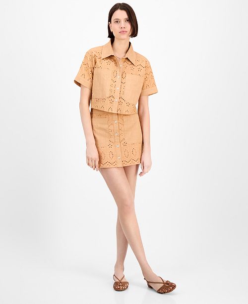 alfani Avec Les Filles Women's Boxy Eyelet Shirt & Eyelet Midi Skirt Women's Fashion Shoes & Accessories