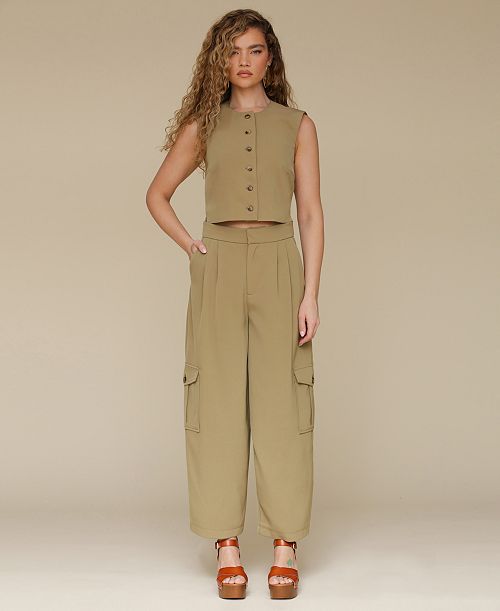 alfani Avec Les Filles Women's Cropped Boxy Vest & Barrel-Leg Cargo Pants Women's Fashion Shoes & Accessories