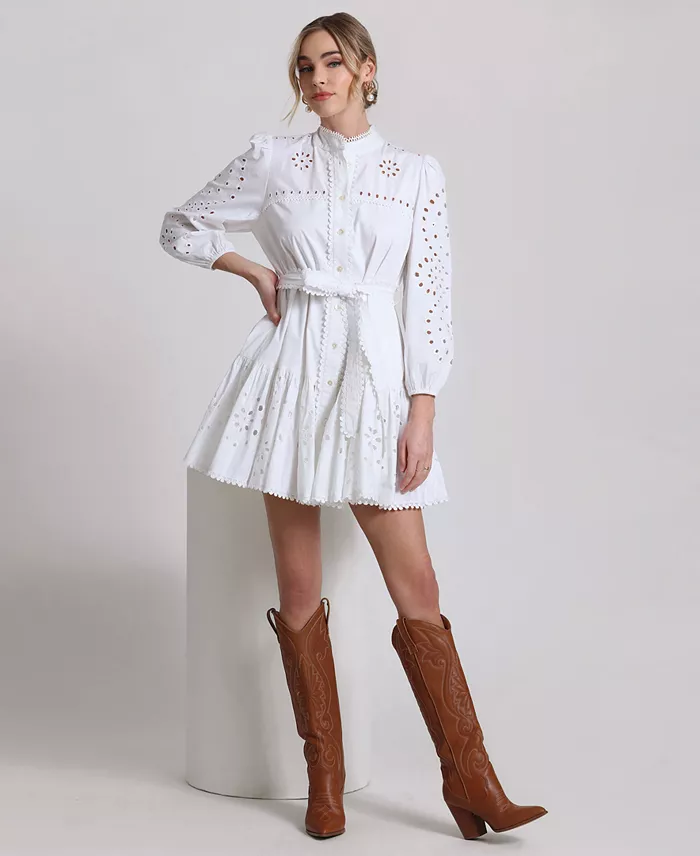 Alfani Avec Les Filles Women's Eyelet Cotton Lined Shirt Dress Women's Fashion Shoes & Accessories