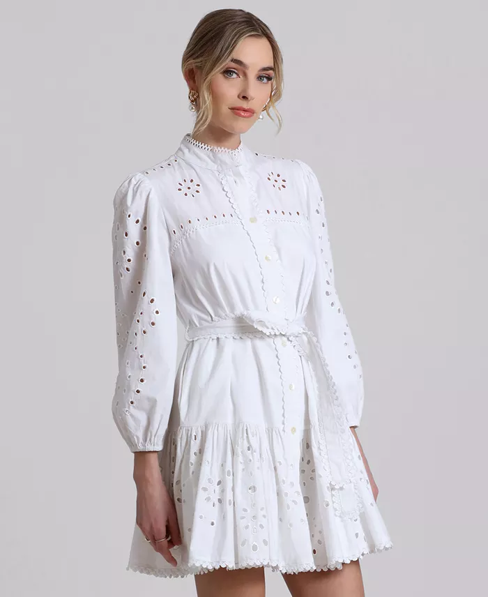 Alfani Avec Les Filles Women's Eyelet Cotton Lined Shirt Dress Women's Fashion Shoes & Accessories