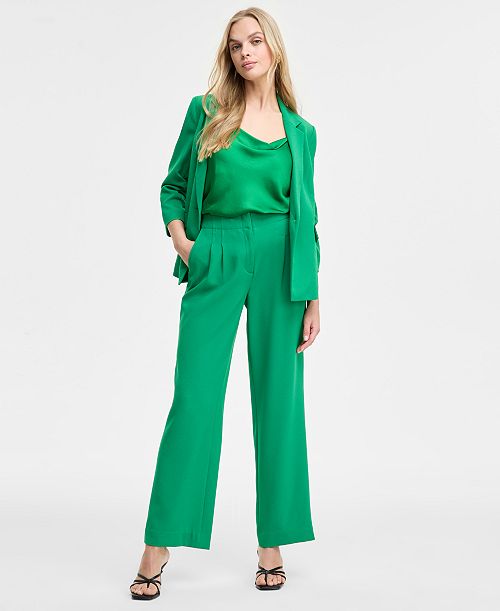 alfani Bar III Women's Ruched-Sleeve Blazer Satin Cowlneck Top & Wide-Leg Pants Exclusively at Macy's Women's Fashion Shoes & Accessories