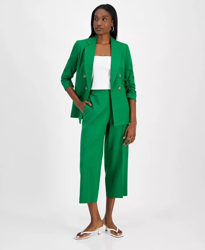Alfani Bar III Women's Ruched-Sleeve Open-Front Linen Blazer Exclusively At Macy's Women's Fashion Shoes & Accessories