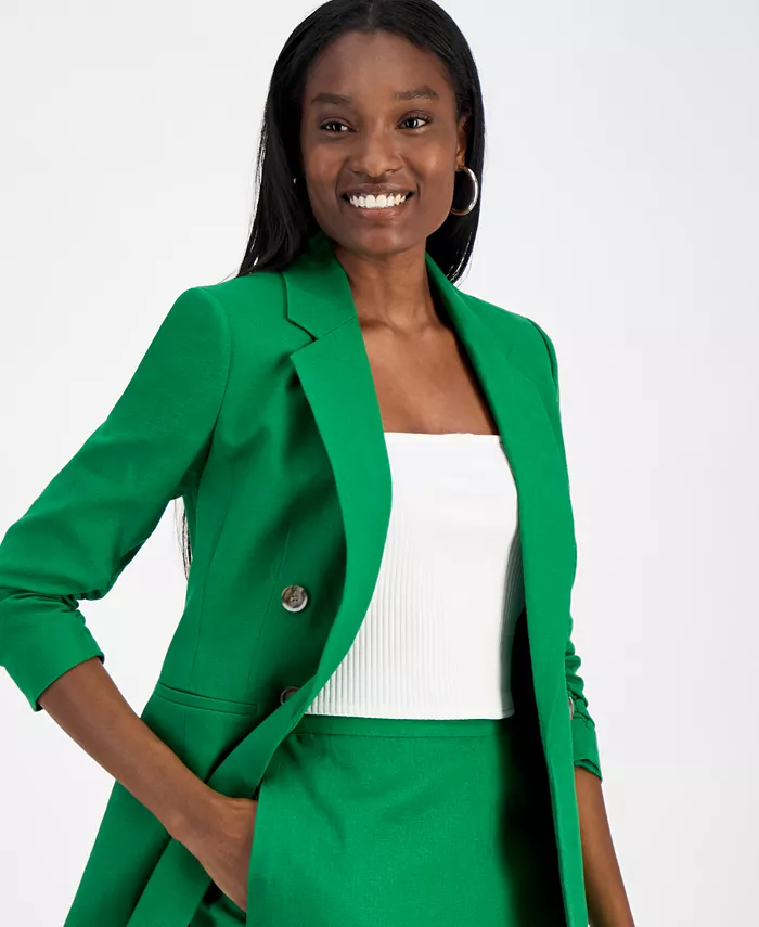 Alfani Bar III Women's Ruched-Sleeve Open-Front Linen Blazer Exclusively At Macy's Women's Fashion Shoes & Accessories