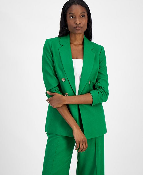 alfani Bar III Women's Ruched-Sleeve Open-Front Linen Blazer Exclusively at Macy's Women's Fashion Shoes & Accessories