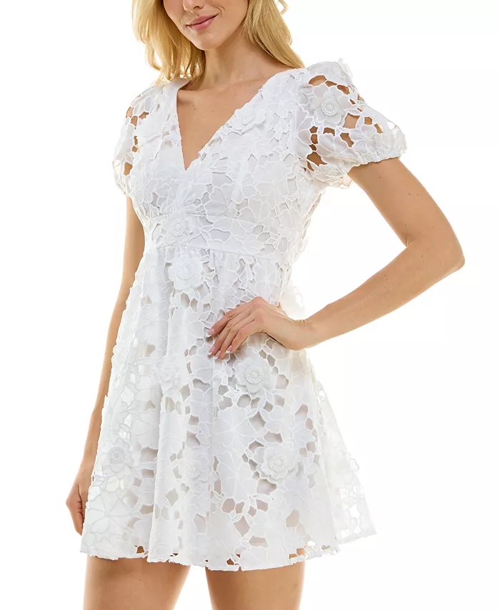 Alfani BEAUTY & GRACE Juniors' Embroidered Puff-Sleeve Dress Juniors'
