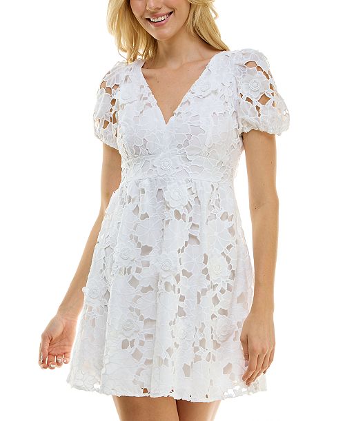 alfani BEAUTY & GRACE Juniors' Embroidered Puff-Sleeve Dress Juniors'