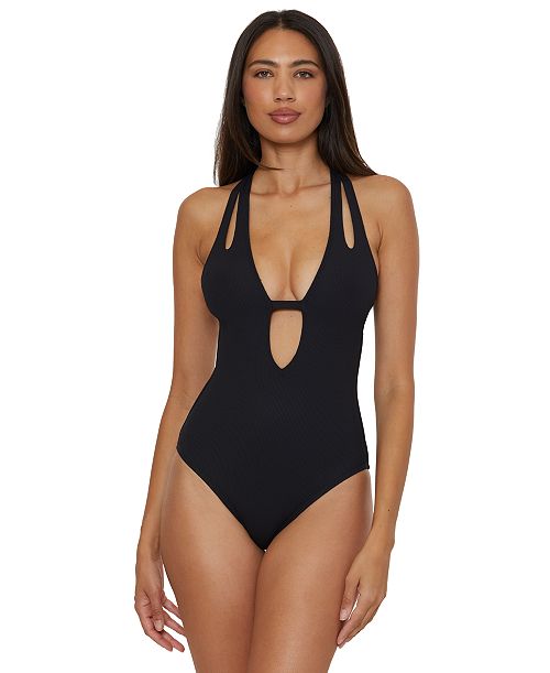 alfani Becca Women's Modern Edge Textured Plunging-Neck Swimsuit Women's Fashion Shoes & Accessories