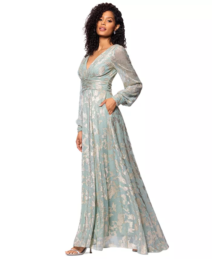 Alfani Betsy & Adam Women's Metallic V-Neck Ruched-Waist Gown Women's Fashion Shoes & Accessories