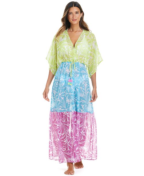 alfani Bleu by Rod Beattie Women's Sock It To Me Printed Chiffon Cover-Up Maxi Dress Women's Fashion Shoes & Accessories