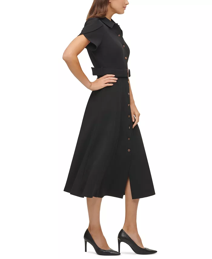 Alfani Calvin Klein Puff-Sleeve Belted Midi Dress Women's Fashion Shoes & Accessories