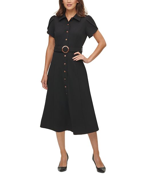 alfani Calvin Klein Puff-Sleeve Belted Midi Dress Women's Fashion Shoes & Accessories