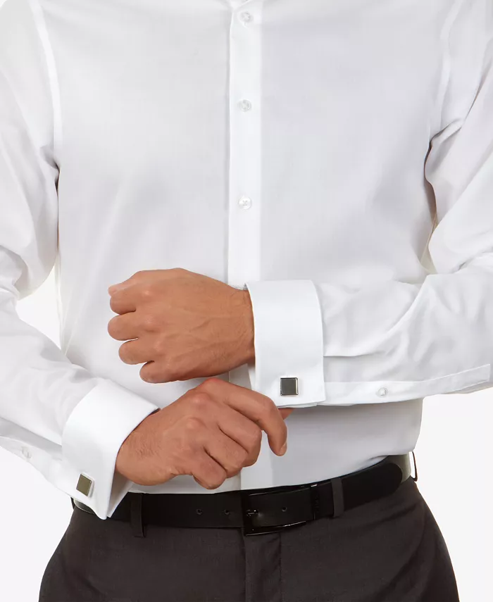 Alfani Calvin Klein Steel Men's Slim-Fit Non-Iron Herringbone French Cuff Dress Shirt Men's Fashion & Accessories