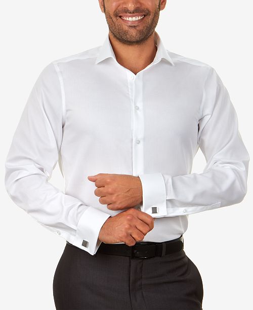 alfani Calvin Klein Steel Men's Slim-Fit Non-Iron Herringbone French Cuff Dress Shirt Men's Fashion & Accessories