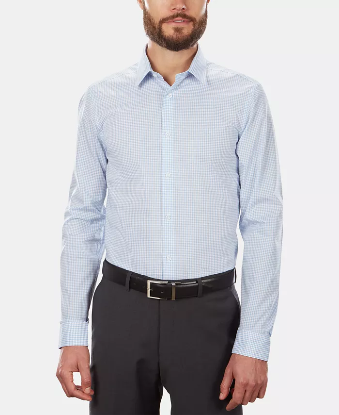 Alfani Calvin Klein Steel Men's Slim-Fit Non-Iron Performance Stretch Blue Check Dress Shirt Men's Fashion & Accessories