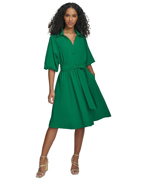 alfani Calvin Klein Women's Belted Puffed-Sleeve Shirt Dress Women's Fashion Shoes & Accessories
