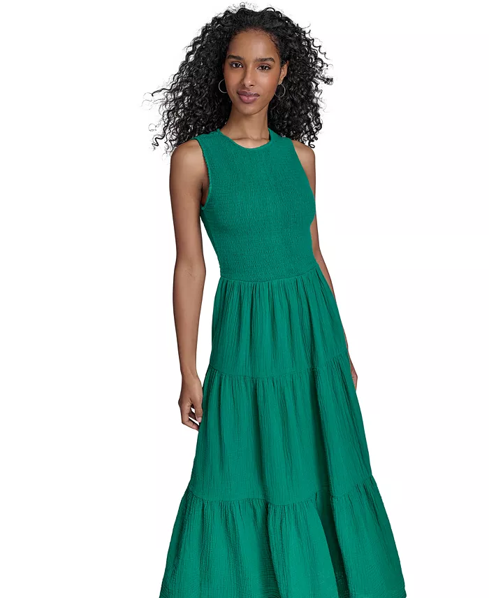 Alfani Calvin Klein Women's Cotton Smocked Tiered Maxi Dress Women's Fashion Shoes & Accessories