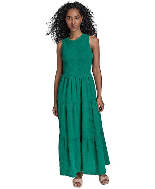 alfani Calvin Klein Women's Cotton Smocked Tiered Maxi Dress Women's Fashion Shoes & Accessories