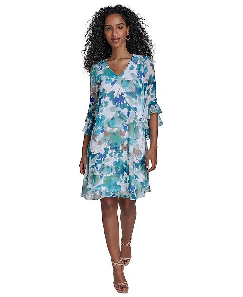 alfani Calvin Klein Women's Floral Chiffon V-neck Shift Dress Women's Fashion Shoes & Accessories